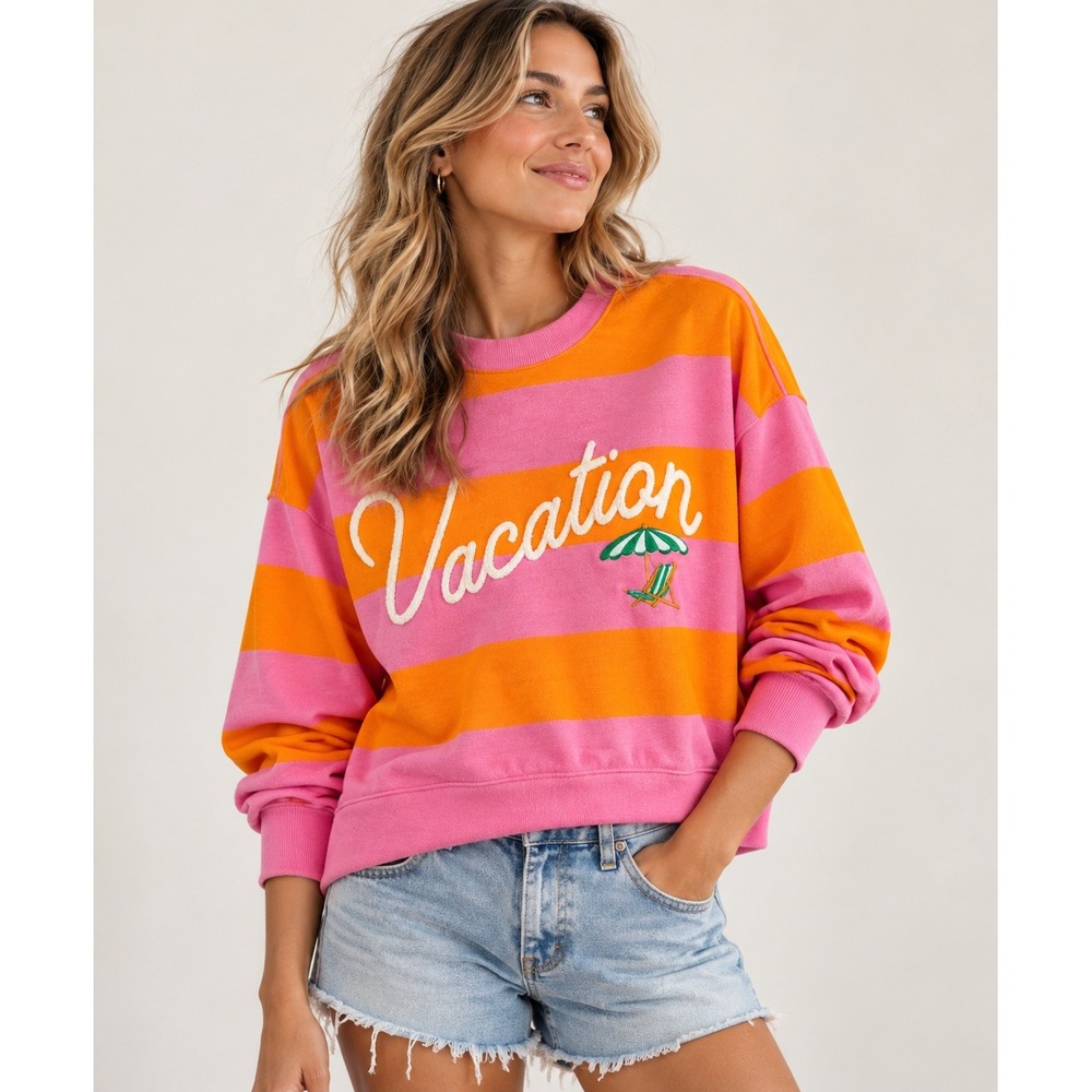 Shiraleah Chicago Vacation Striped Sweatshirt Pink Orange Crewneck Medium